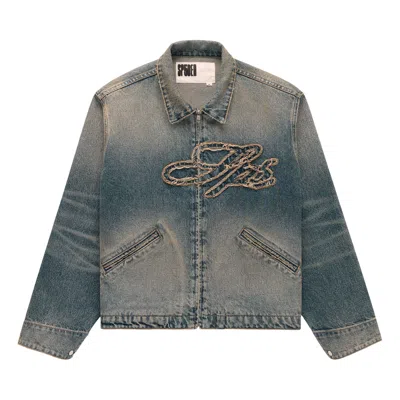 Pre-owned Sp5der Script Denim Work Jacket 'light Wash Denim' | Blue | Men's Size Xxl