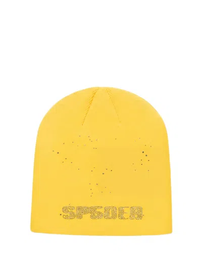 Sp5der Skully Rhinestone-embellished Beanie Hat In Yellow