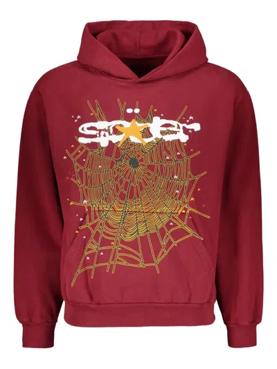 Sp5der Spiderweb Print Cotton Hoodie In Red