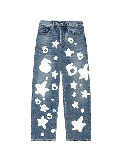 Sp5der Star Print Bootcut Jeans In Blue