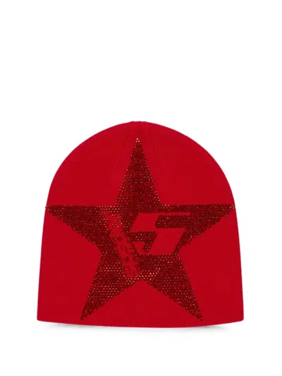 Sp5der Star Rhinestone Beanie Beanie In Red