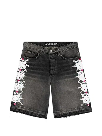 Sp5der Web Stone Denim Shorts In Black