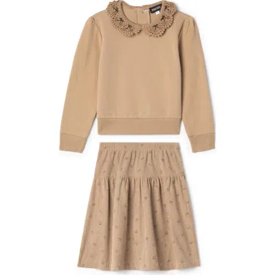 Space Grey Kids'  2 Piece Corduroy Skirt Set With Crochet Collar French Fleece Sweater In Brown