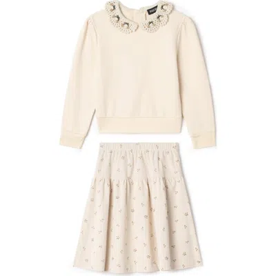 Space Grey Kids'  2 Piece Corduroy Skirt Set With Crochet Collar French Fleece Sweater In Multi