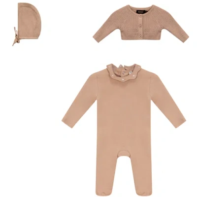 Space Grey Babies'  3 Piece Romper, Cardigan And Hat Set In Brown