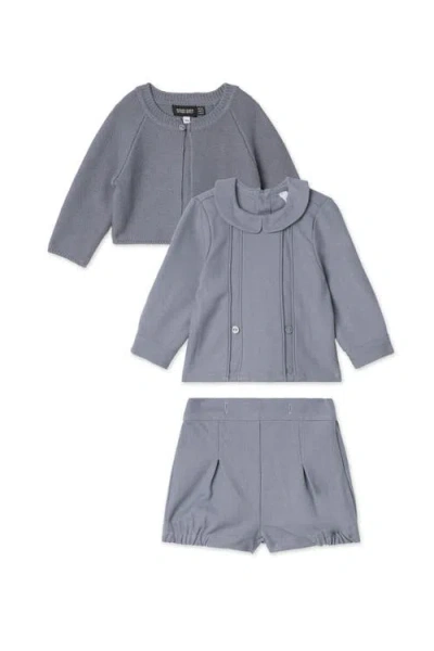 Space Grey Babies'  3 Piece Set, Collared Long Sleeve Shirt, Shorts And Knit Cardigan In Gray