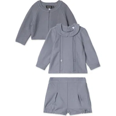 Space Grey Babies'  3 Piece Set, Collared Long Sleeve Shirt, Shorts And Knit Cardigan In Gray