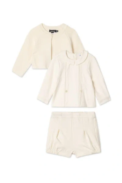 Space Grey Babies'  3 Piece Set, Collared Long Sleeve Shirt, Shorts And Knit Cardigan In Neutral