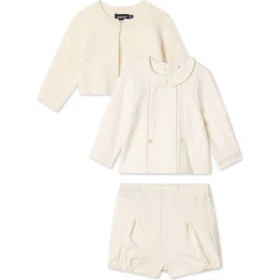 Space Grey Babies'  3 Piece Set, Collared Long Sleeve Shirt, Shorts And Knit Cardigan In White