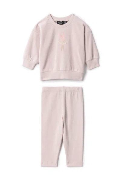 Space Grey Babies'  Ballerina Embroidered Long Sleeve Top And Pants Set In Pink