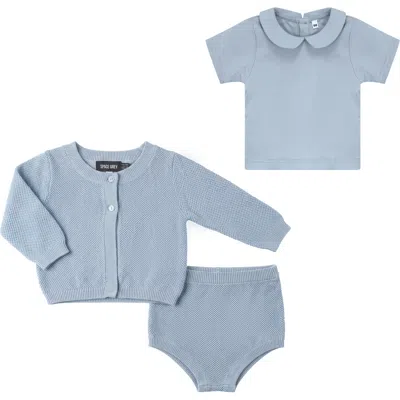 Space Grey Babies'  Boy Textured Knit Cardigan, Cotton Shirt And Shorts Set In Blue
