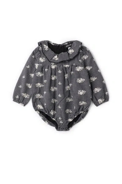 Space Grey Babies'  Checkered Embroidered Bubble Romper In Black