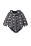 Space Grey Checkered Embroidered Bubble Romper In Black