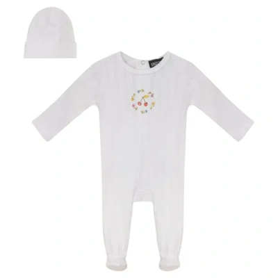 Space Grey Babies'  Cherry And Flower Pointelle Ribbed Romper And Hat In White