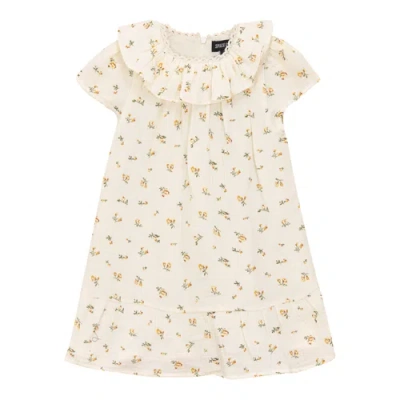 Space Grey Kids'  Cotton Lace Neckline Floral Printed Dress In Blue