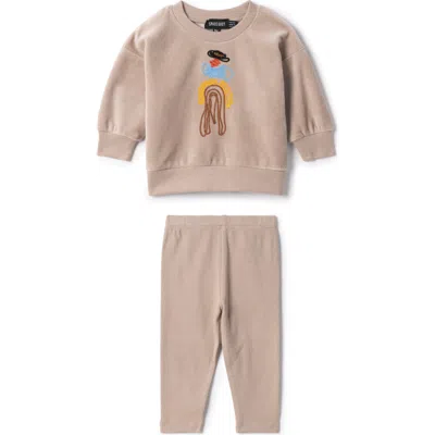 Space Grey Babies'  Cowboy Embroidered Velour Long Sleeve Top And Pants Set In Neutral