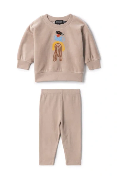 Space Grey Babies'  Cowboy Embroidered Velour Long Sleeve Top And Pants Set In Neutral