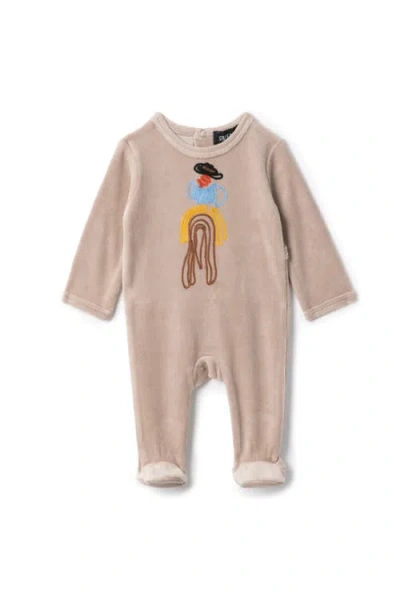 Space Grey Babies'  Cowboy Embroidered Velour Romper In Nude