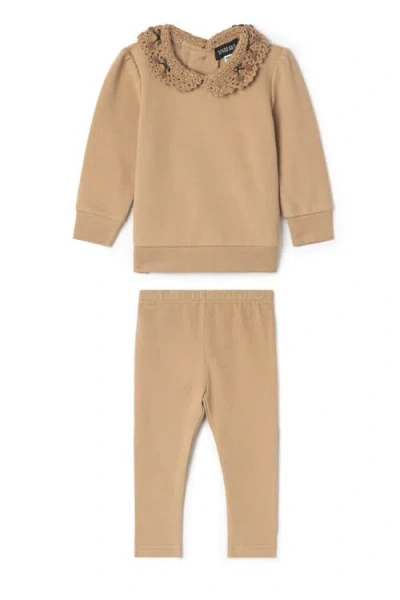 Space Grey Babies'  Crochet Collar 2 Piece Sweater And Pants Set In Nude