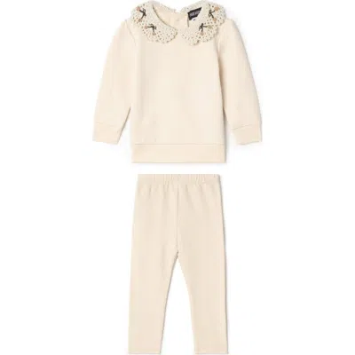 Space Grey Babies'  Crochet Collar 2 Piece Sweater And Pants Set In White