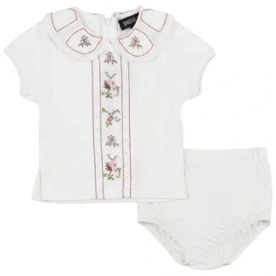 Space Grey Babies'  Embroidered Linen Cotton 2 Piece Top And Bloomer Set In White