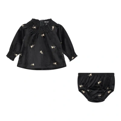 Space Grey Babies'  Embroidered Velour 2 Piece Long Sleeve Top And Bottom Set In Black