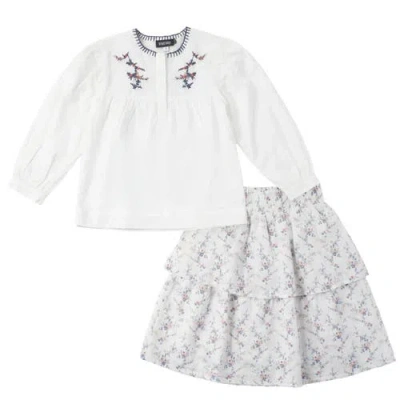 Space Grey Kids'  Floral Emboidered Woven Long Sleeve Top And Skirt Set In Multi