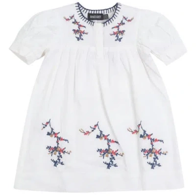 Space Grey Kids'  Floral Embroidered Woven Cotton Dress In White