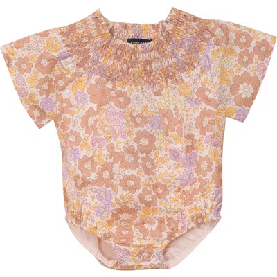 Space Grey Babies'  Floral Print Woven Short Sleeve Bubble In Pink