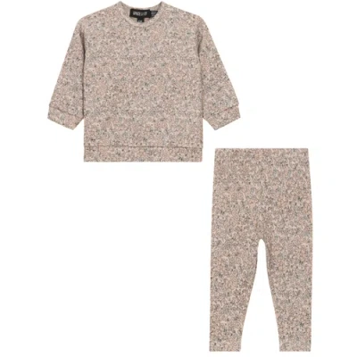 Space Grey Babies'  Floral Printed 2 Piece Round Neck Sweatshirt And Leggings In Brown