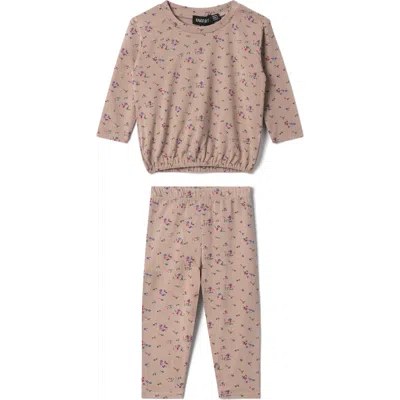 Space Grey Babies'  Floral Printed Long Sleeve Top And Pants Set In Brown