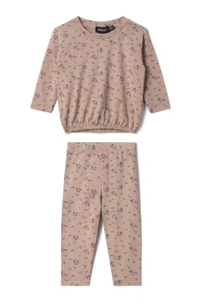 Space Grey Babies'  Floral Printed Long Sleeve Top And Pants Set In Brown
