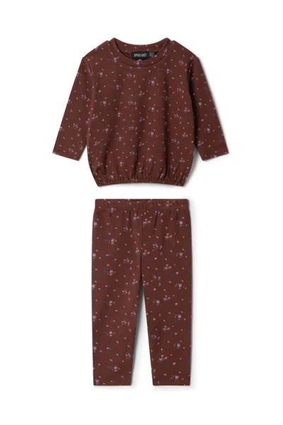 Space Grey Babies'  Floral Printed Long Sleeve Top And Pants Set In Burgundy