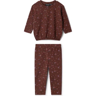 Space Grey Babies'  Floral Printed Long Sleeve Top And Pants Set In Burgundy