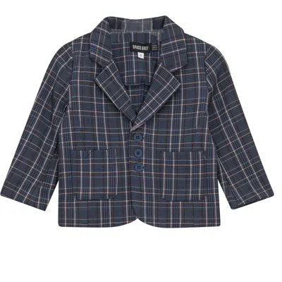 Space Grey Kids'  Front Button Woven Plaid Blazer In Blue