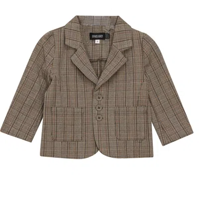 Space Grey Kids'  Front Button Woven Plaid Blazer In Brown