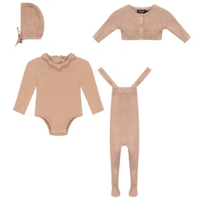 Space Grey Babies'  Girl 4 Piece Knit Overall And Cardigan Set In Brown