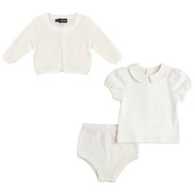Space Grey Babies'  Girl Textured Knit Cardigan, Cotton Shirt And Shorts Set In Neutral