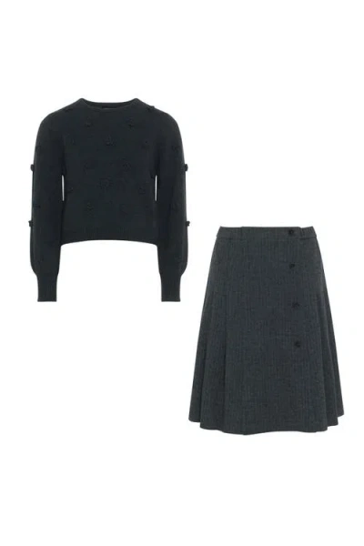 Space Grey Kids'  Herringbone Stretch 2 Piece Long Sleeve Sweater And Skirt Set In Black