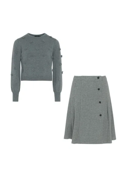 Space Grey Kids'  Herringbone Stretch 2 Piece Long Sleeve Sweater And Skirt Set In Gray