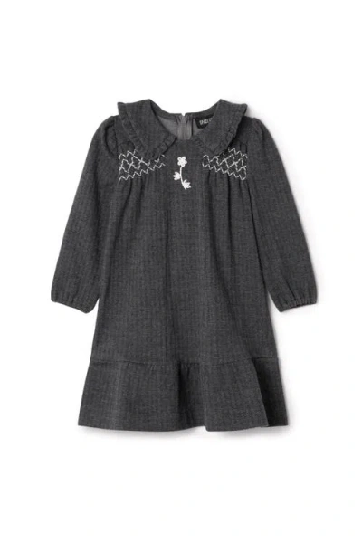 Space Grey Kids'  Herringbone Stretch A-line Dress With Frilled Collar In Black