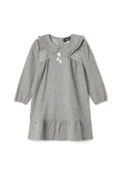 Space Grey Kids'  Herringbone Stretch A-line Dress With Frilled Collar In Gray