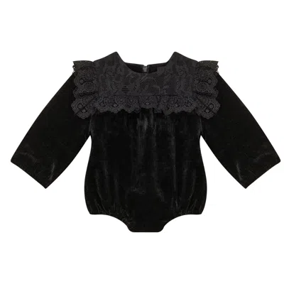 Space Grey Babies'  Lace Trim Velvet Bubble Romper In Black