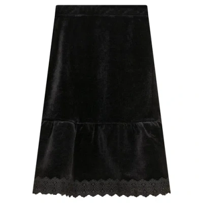 Space Grey Kids'  Lace Trim Velvet Skirt Midi Pull On In Black