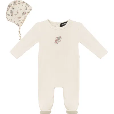 Space Grey Babies'  Pointelle Rib Romper And Floral Gauze Bonnet Set In Neutral