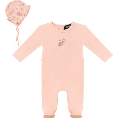 Space Grey Babies'  Pointelle Rib Romper And Floral Gauze Bonnet Set In Pink