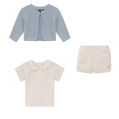 Space Grey Babies'  Printed Gauze 3 Piece Short Sleeve Top, Cardigan And Shorts Set In Blue