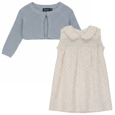 Space Grey Kids'  Printed Gauze Ruffle Shoulder Dress With Knit Cardigan Set In Multi