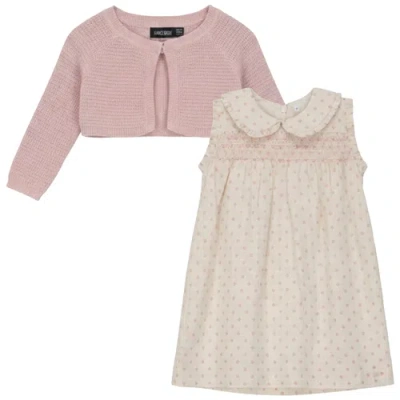 Space Grey Kids'  Printed Gauze Ruffle Shoulder Dress With Knit Cardigan Set In Multi