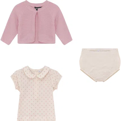 Space Grey Babies'  Printed Gauze Three Piece Short Sleeve Top, Cardigan And Bottoms Set In Pink